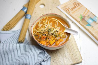 Miso soup with gluten-free noodles and pumpkin