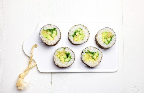 Vegan sushi with sauerkraut and avocado