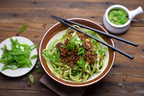 Udon with pesto nori